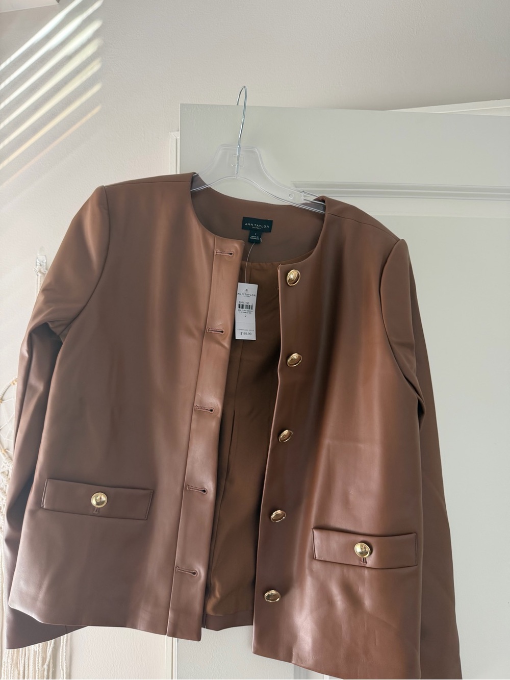 Ann Taylor Brown Faux Leather blazer jacket with Gold Buttons
